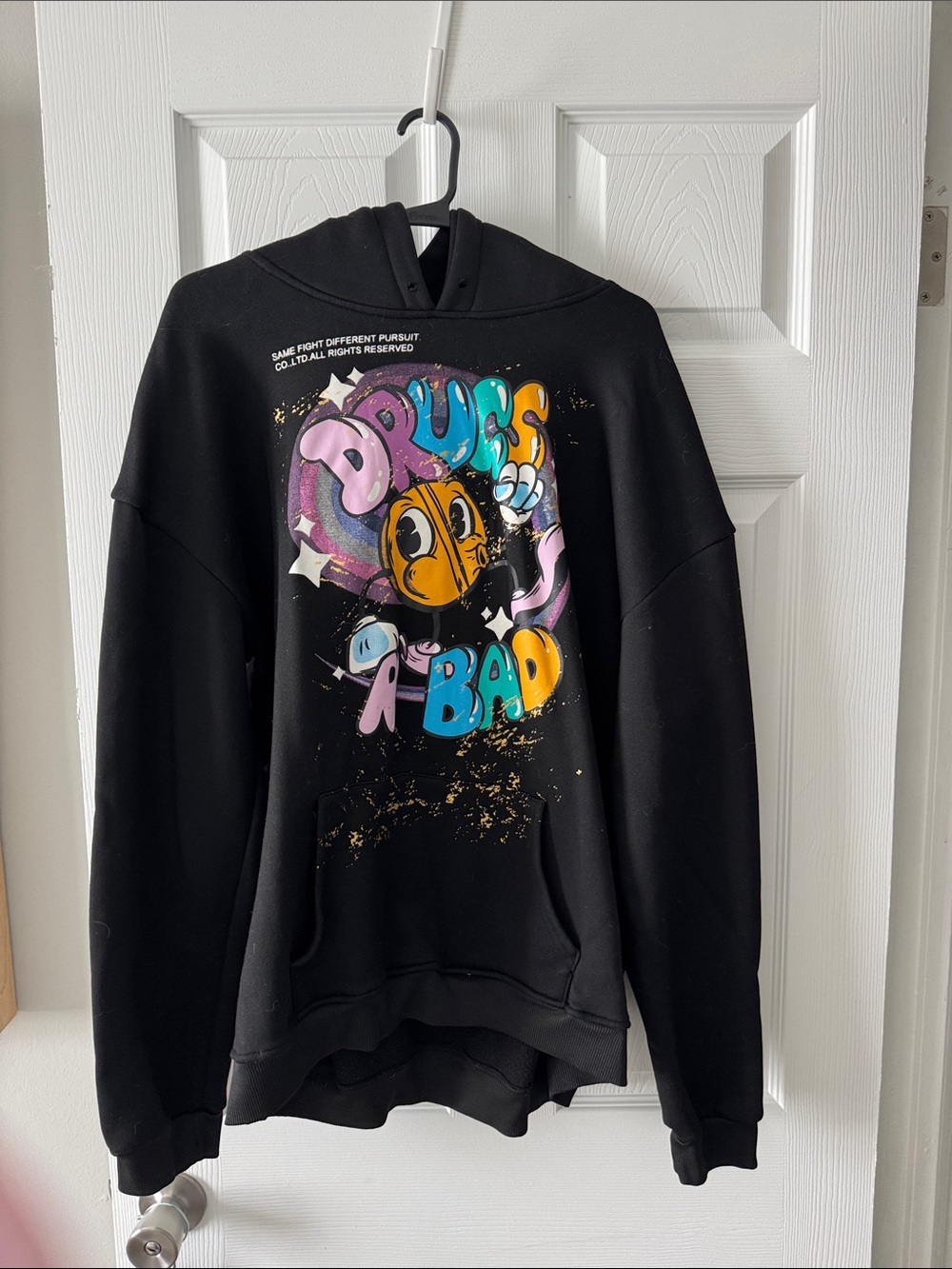 Black Graphic Hoodie with Colorful 'Drugs R Bad' Print